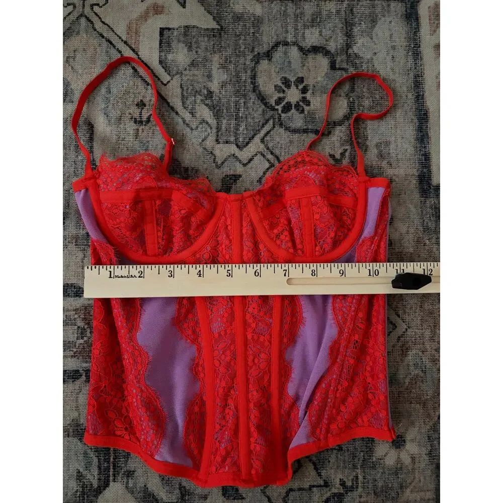 Out From Under Lace Mesh Corset Bustier Top Womens Small Red Underwire Sheer